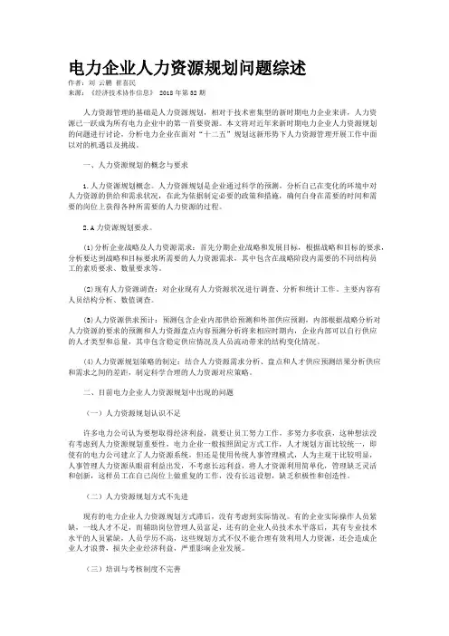 电力企业人力资源规划问题综述
