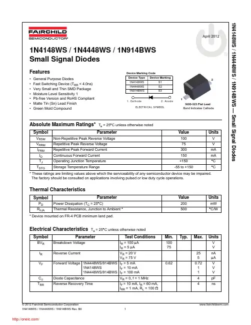 1N4148WS;1N914BWS;1N4448WS;中文规格书,Datasheet资料