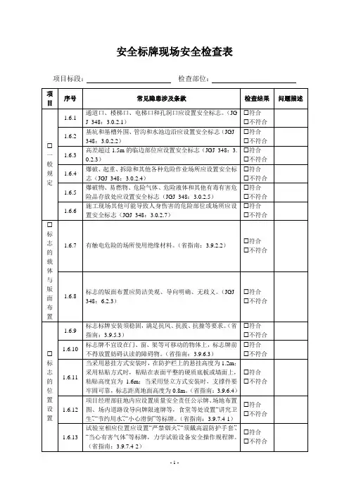 安全标牌现场安全检查表