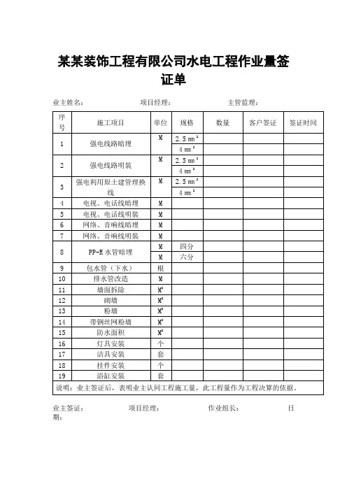 某某装饰工程有限公司水电工程作业量签证单