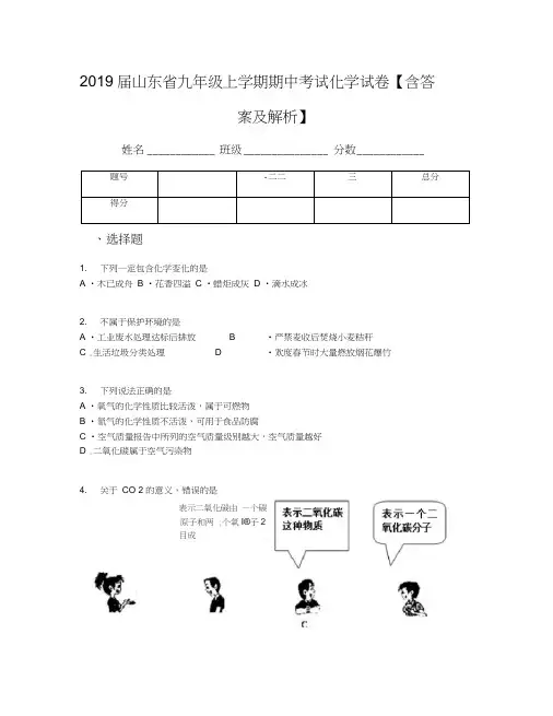 2019届山东省九年级上学期期中考试化学试卷【含答案及解析】