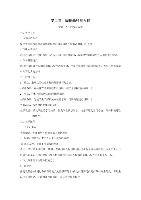 人教A版选修2-1第二章 圆锥曲线与方程全章教案