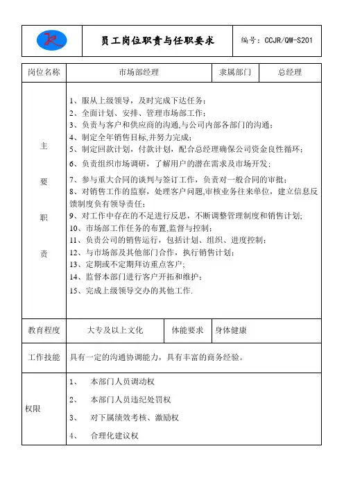市场部经理岗位职责与权限【模板范本】