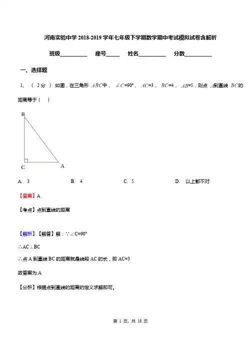 河南实验中学2018-2019学年七年级下学期数学期中考试模拟试卷含解析