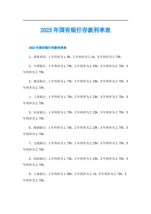 2023年国有银行存款利率表