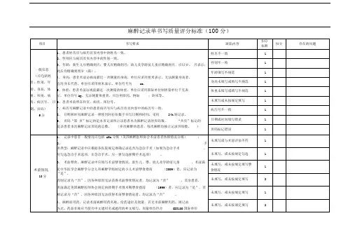 麻醉记录单书写质量标准