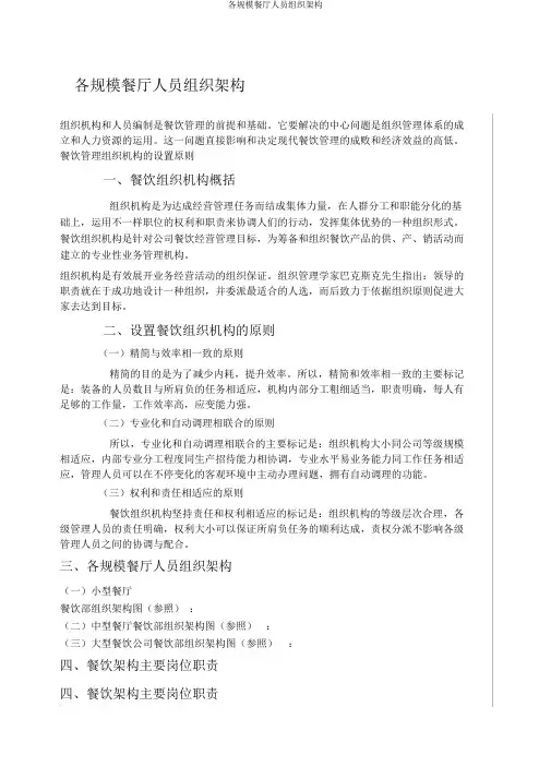 各规模餐厅人员组织架构
