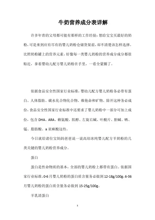 牛奶营养成分表详解