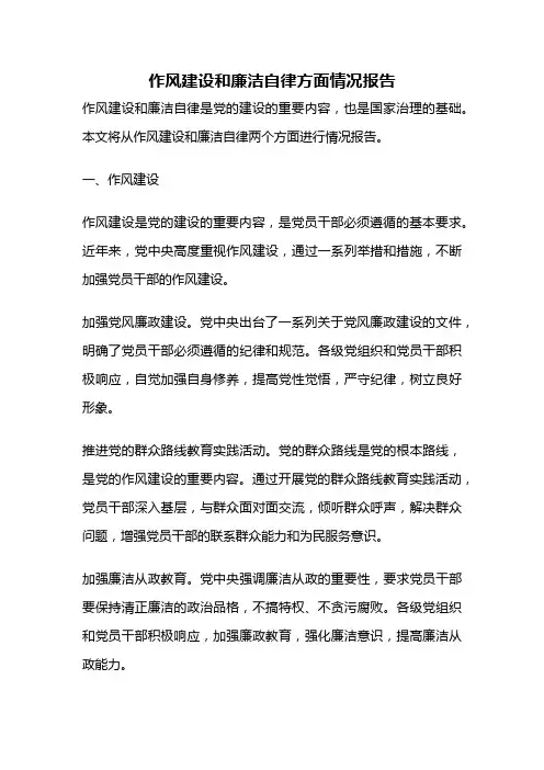 作风建设和廉洁自律方面情况报告