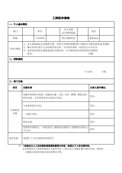 附表1《员工辞职申请表》