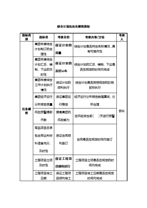 集团综合计划处处长绩效指标