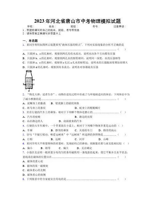2023年河北省唐山市中考物理模拟试题附解析