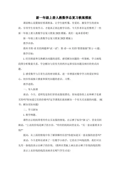 新一年级上册人教数学总复习教案模板