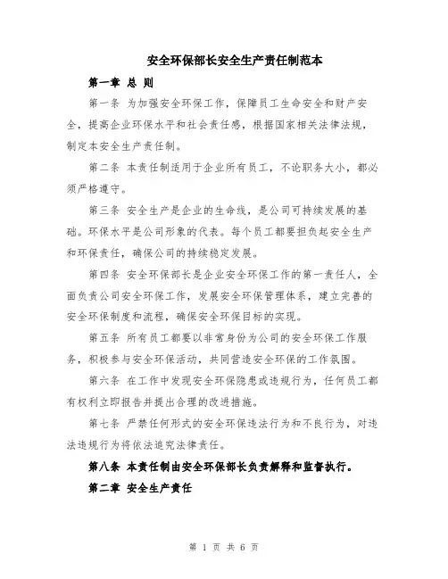 安全环保部长安全生产责任制范本