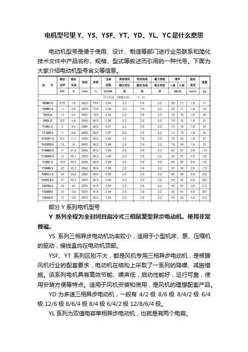 电机型号里Y、YS、YSF、YT、YD、YL、YC是什么意思