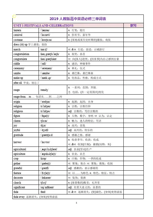 2019人教版高中英语必修三单词表带音标