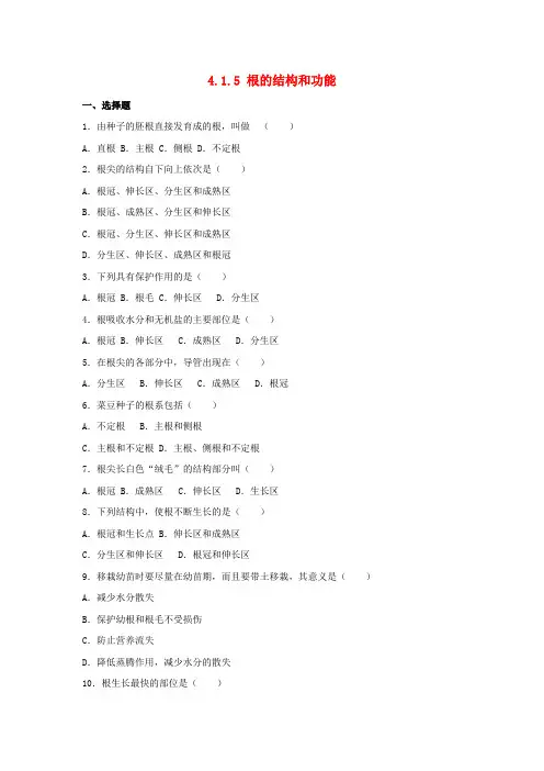八年级生物上册绿色开花植物的一生4.1.5根的结构和功能同步练习卷(含解析)(新版)济南版