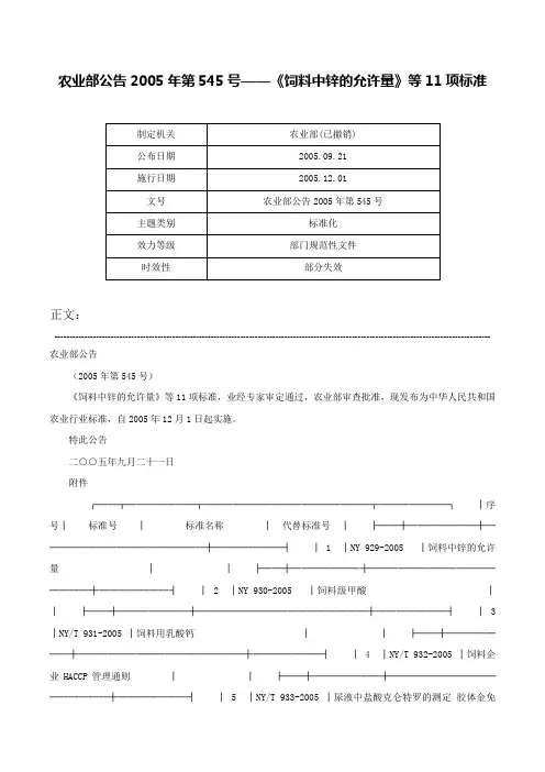 农业部公告2005年第545号——《饲料中锌的允许量》等11项标准-农业部公告2005年第545号