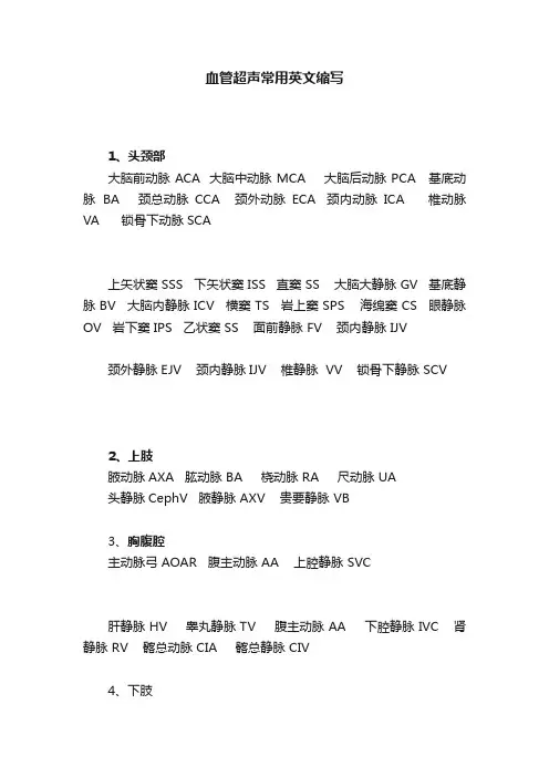 血管超声常用英文缩写