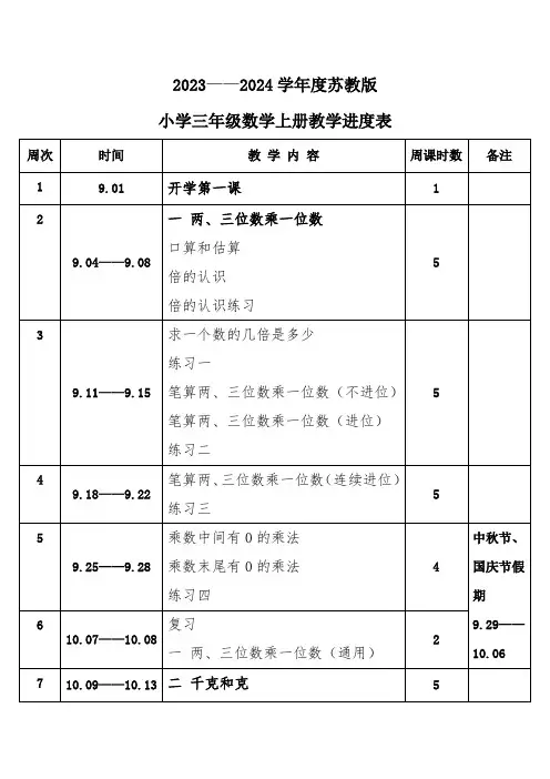 2023年秋学期苏教版小学数学三年级上册教学进度表