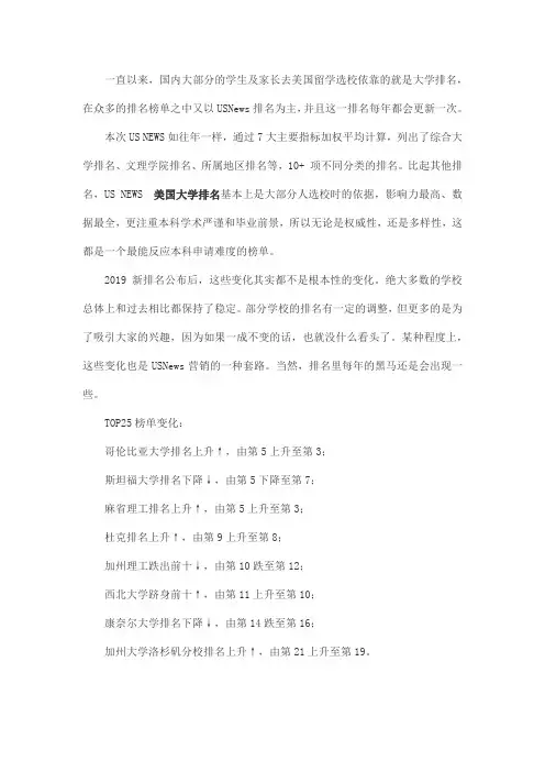 USNews2019年美国大学本科综合排名