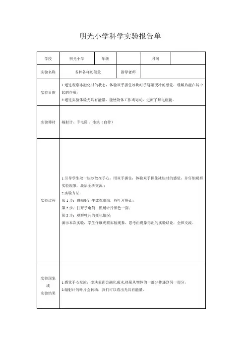 小学科学六年级下册《各种各样的能量》实验报告单