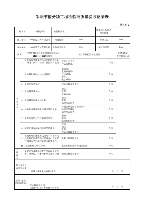 JN3.6.1采暖节能分项工程检验批质量验收记录表