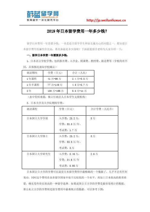 2019年日本留学费用一年多少钱？