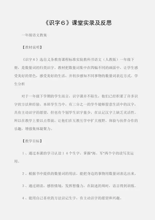 (一年级语文教案)《识字6》课堂实录及反思