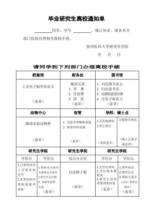 毕业研究生离校通知单