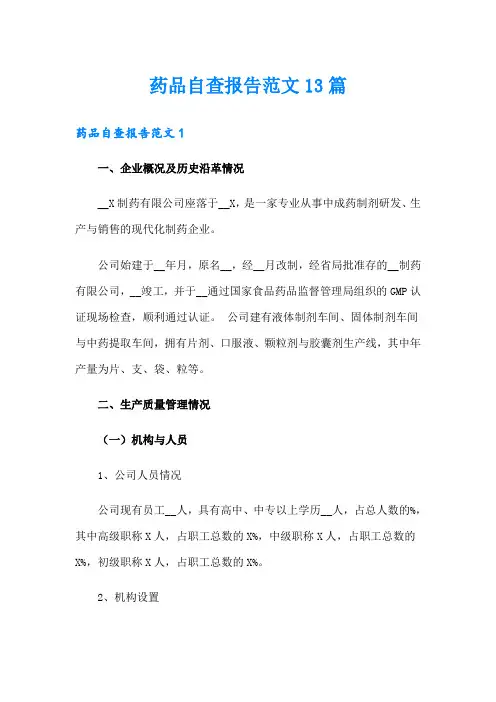 药品自查报告范文13篇