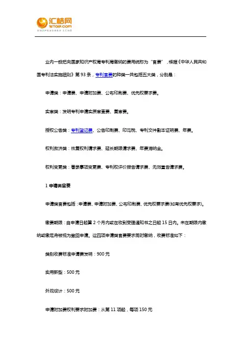 国内专利申请收费标准官费