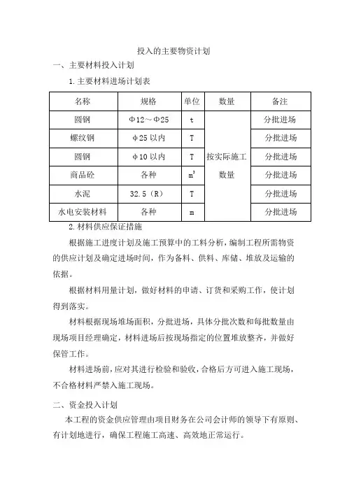 投入的主要物资计划