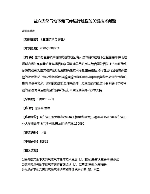 盐穴天然气地下储气库运行过程的关键技术问题
