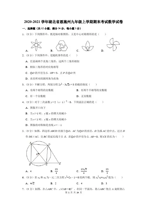 2020-2021学年湖北省恩施州九年级上学期期末考试数学试卷及答案解析