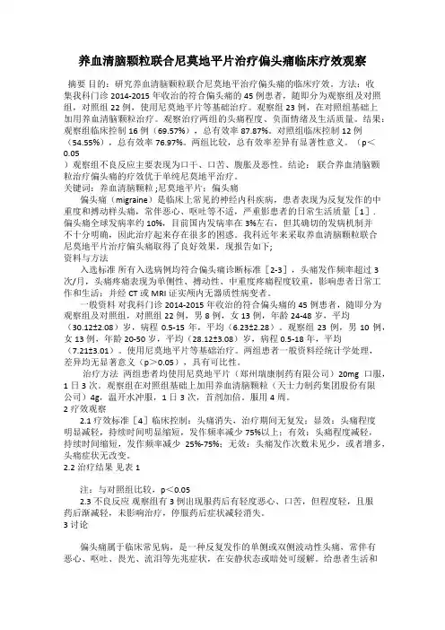 养血清脑颗粒联合尼莫地平片治疗偏头痛临床疗效观察