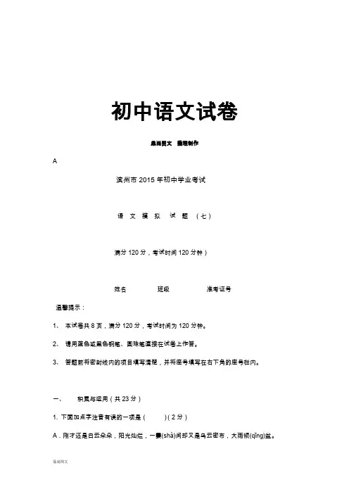 中考专题滨州市  初中学业考试语文模拟试卷(七)