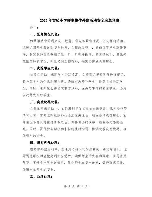 2024年实验小学师生集体外出活动安全应急预案