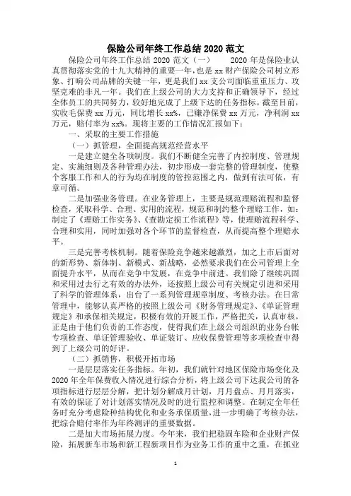 2020保险公司年终工作总结范文
