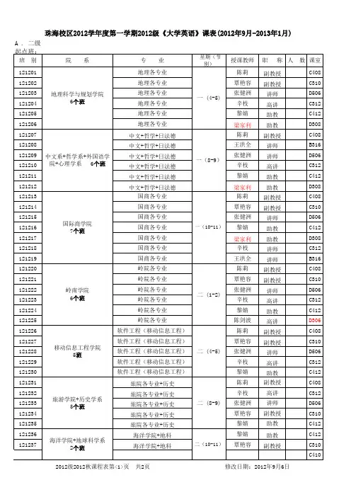 中山大学2012学年度第一学期12级《大学英语》课表(珠海)2012-9-13