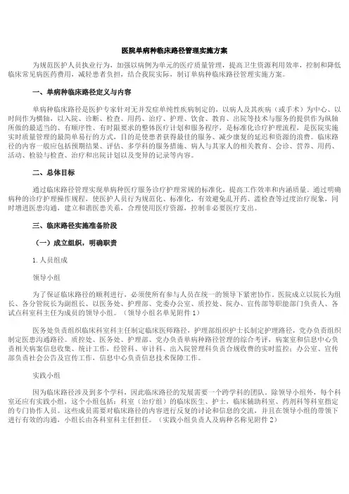 医院单病种临床路径管理实施方案