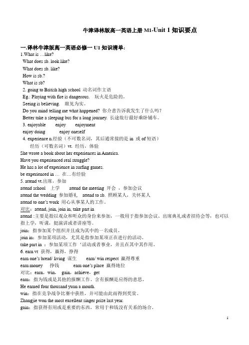 牛津译林版高一英语上册必修一Unit1知识要点总结