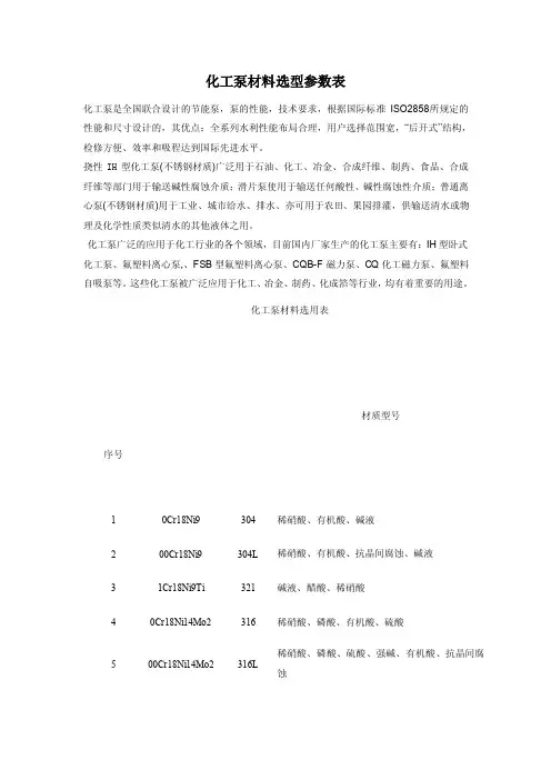 化工泵材料选型参数表