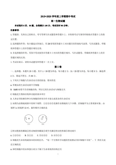 高一上学期期中考试生物试卷含答案