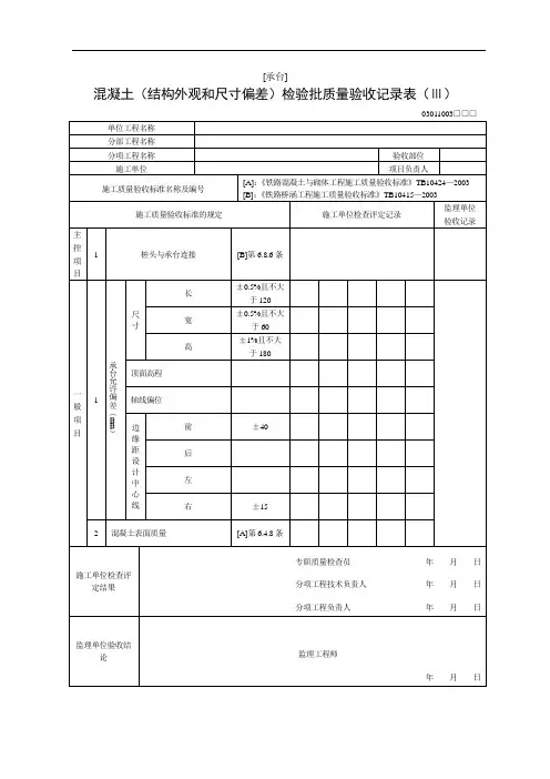 [承台]混凝土(结构外观和尺寸偏差)检验批质量验收记录表Ⅲ