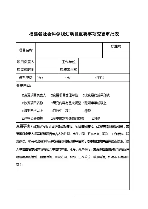 福建省社会科学规划项目重要事项变更审批表