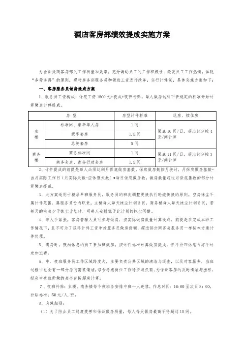 酒店客房部绩效提成方案