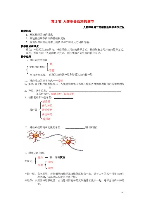 高中生物 第二章 生物个体的稳态 2.2 人体生命活动的调节教案 苏教版必修3