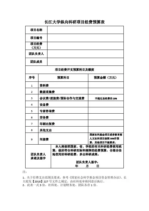 长江大学纵向科研项目经费预算表