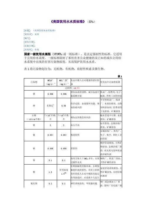 美国饮用水水质标准EPA